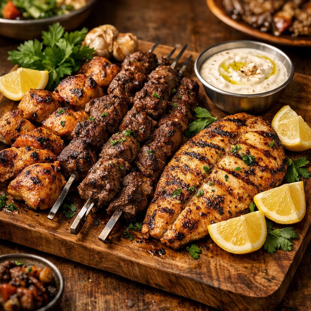 طبق مشاوي مختلطة لحوم وسمك مشوي